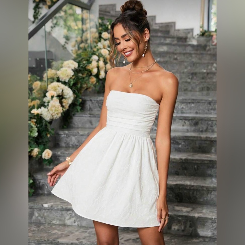 Shein White Strapless Mini Dress Fit & Flare Textured Graduation Bridal Size S